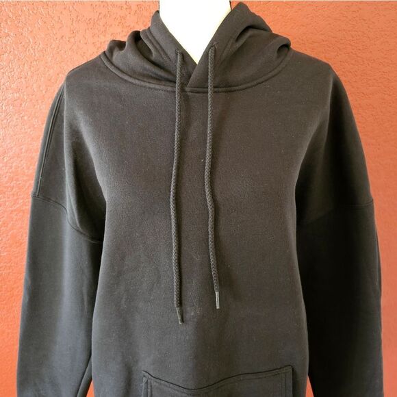 Black Pullover Sweater with Hood and Ribbed Cuffs - Picture 2 of 9